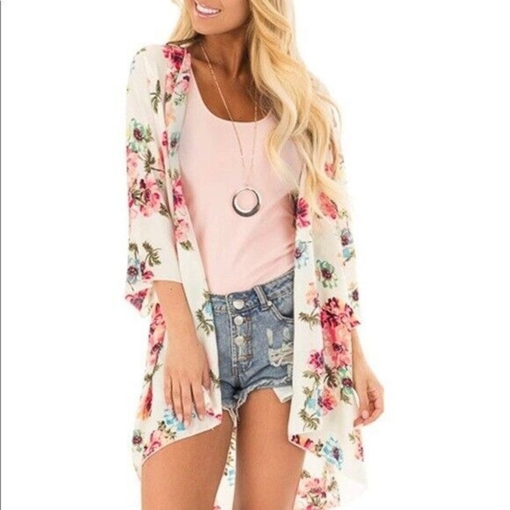 New Pink Milly Floral Duster Open Front Floral 3/4 Sleeve Cover Up Swimwear M